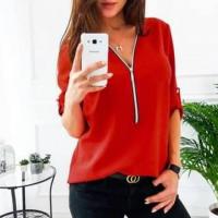 Zipper Short Sleeve Women Shirts Sexy V Neck Solid Womens Tops Blouse
