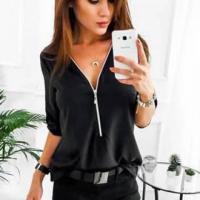 Zipper Short Sleeve Women Shirts Sexy V Neck Solid Womens Tops Blouse